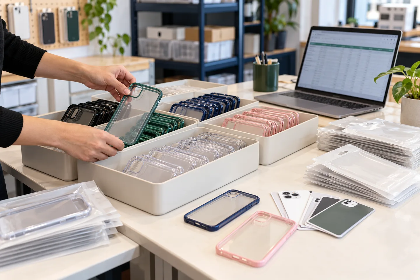 Emprendedora organizando fundas por modelo y color para controlar inventario
