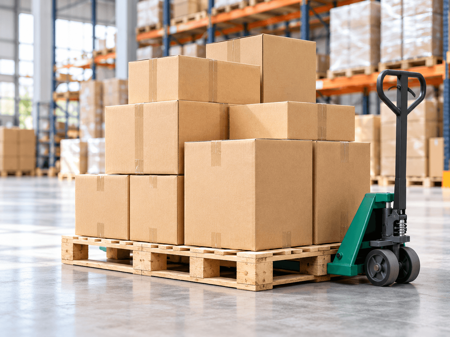 Cajas embaladas sobre un pallet junto a una transpaleta manual