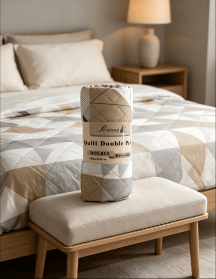 Cubrecama acolchado de microfibra con estampado geométrico beige y gris, extendido sobre una cama y presentado en rollo