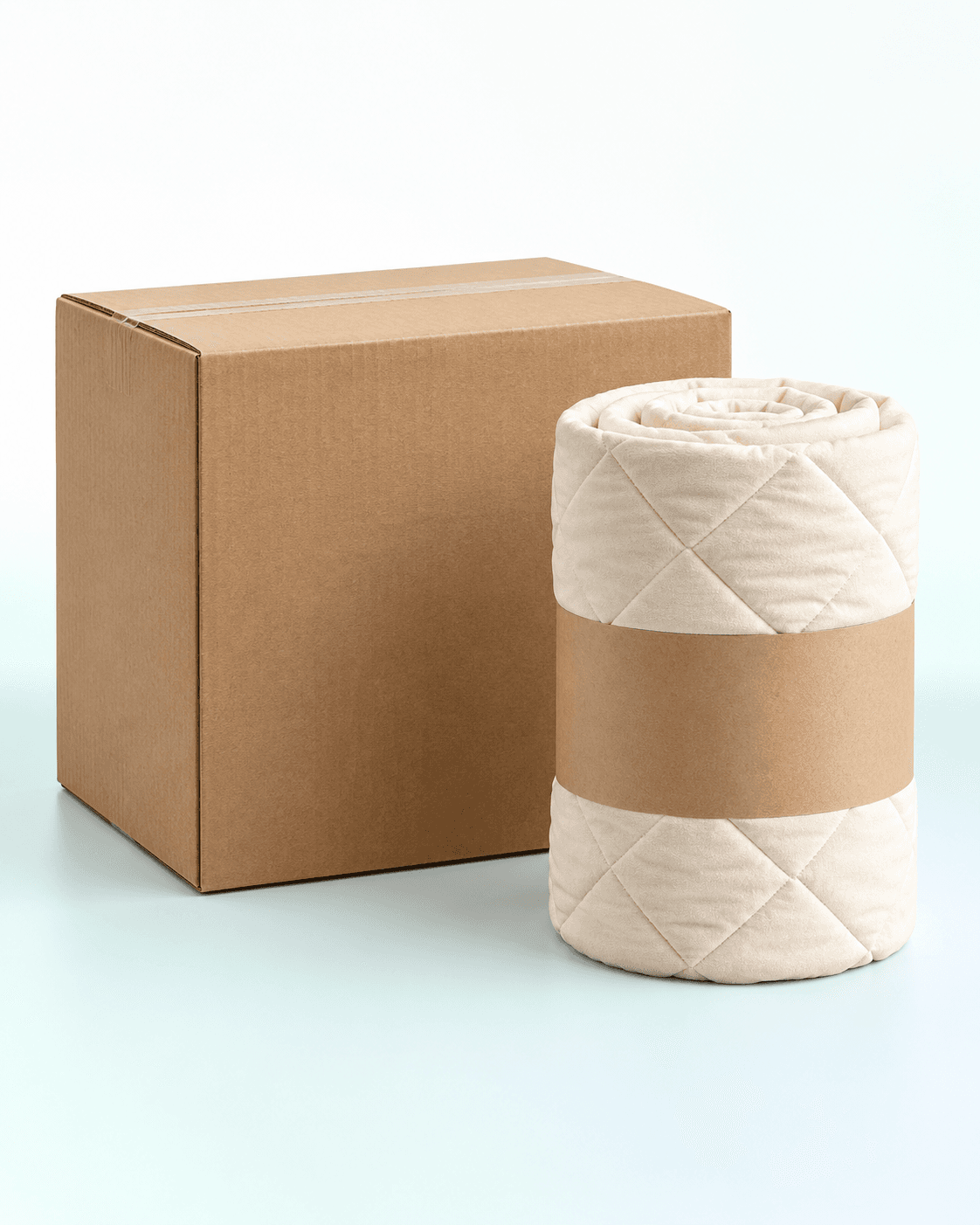 Visualización referencial de una caja master junto a un cubrecama enrollado