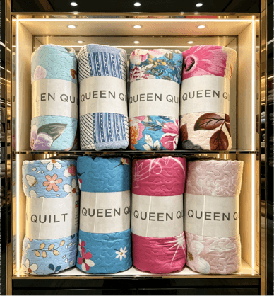 Cubrecamas en tonos celeste, azul, rosa y crema con textura acolchada