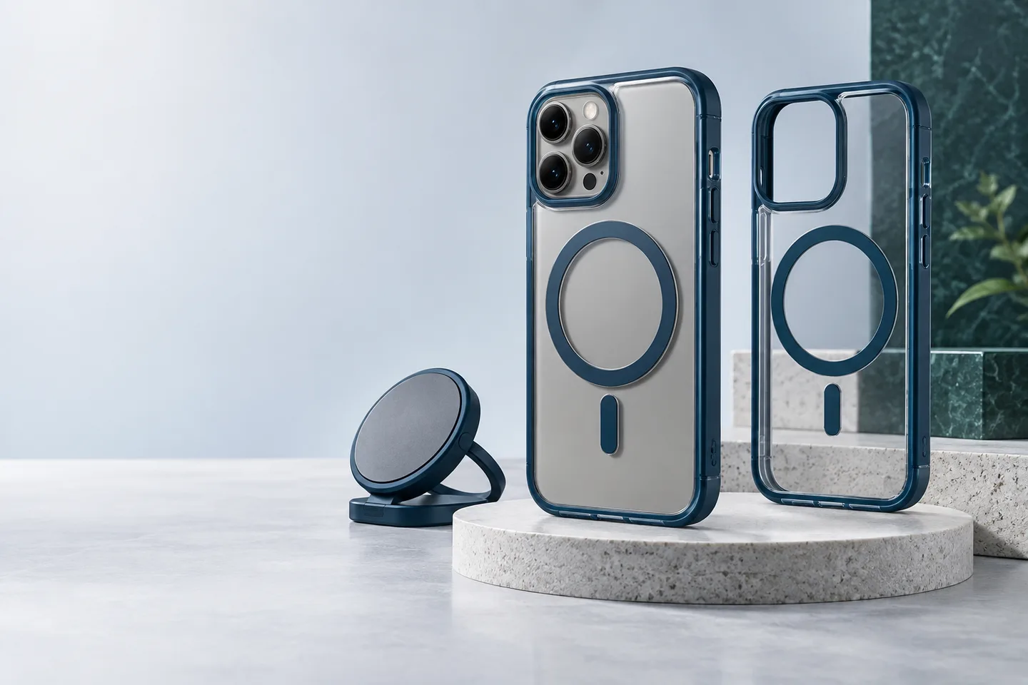 Funda transparente con aro magnético junto a un soporte compatible