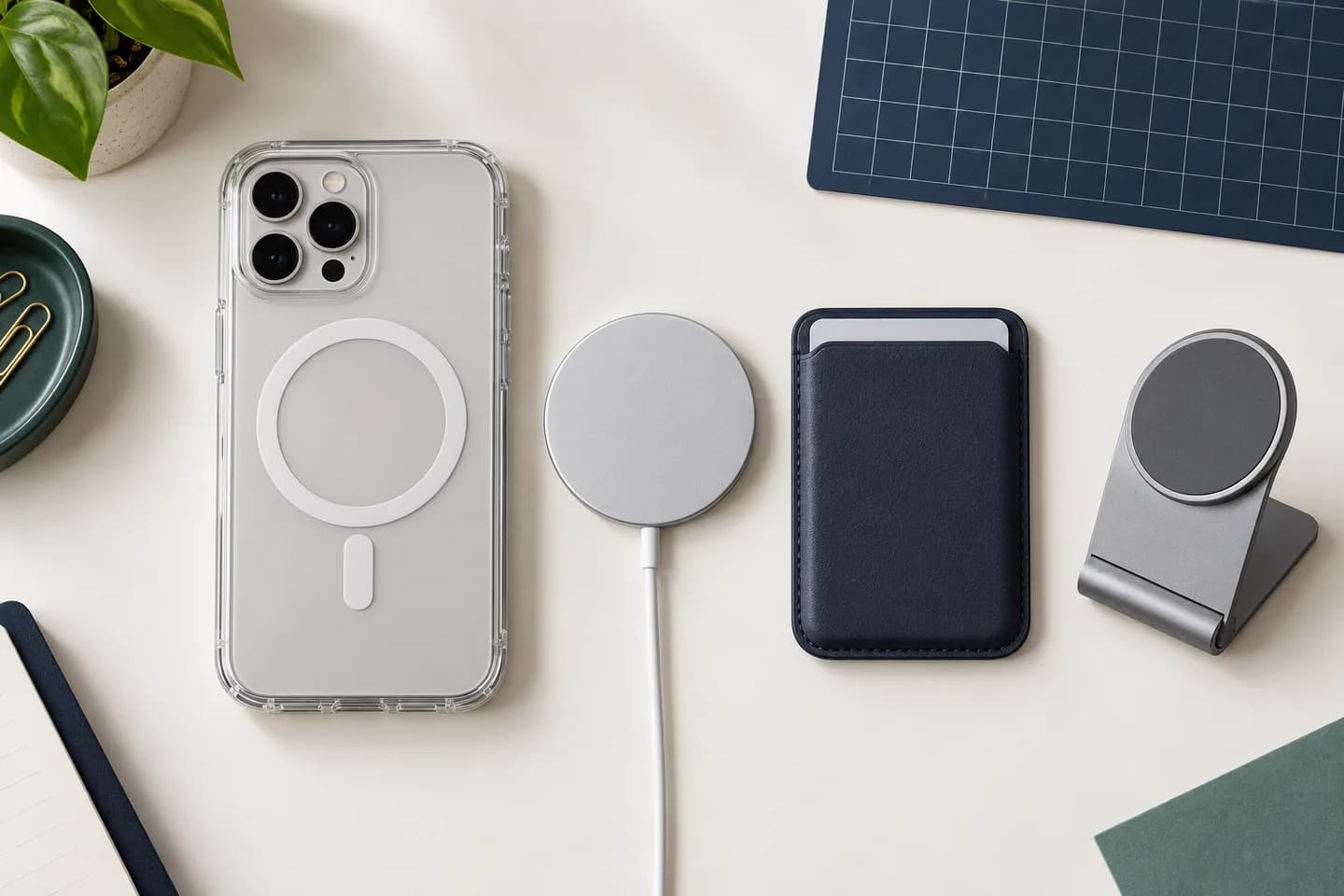 Teléfono con funda magnética, cargador, billetera y soporte preparados para una prueba de compatibilidad