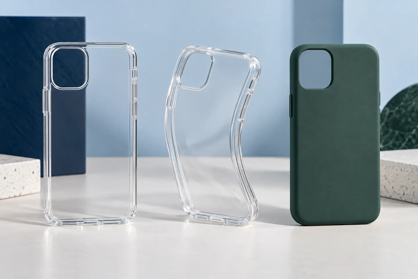 Comparación visual de una funda rígida, una funda flexible y una funda de acabado suave